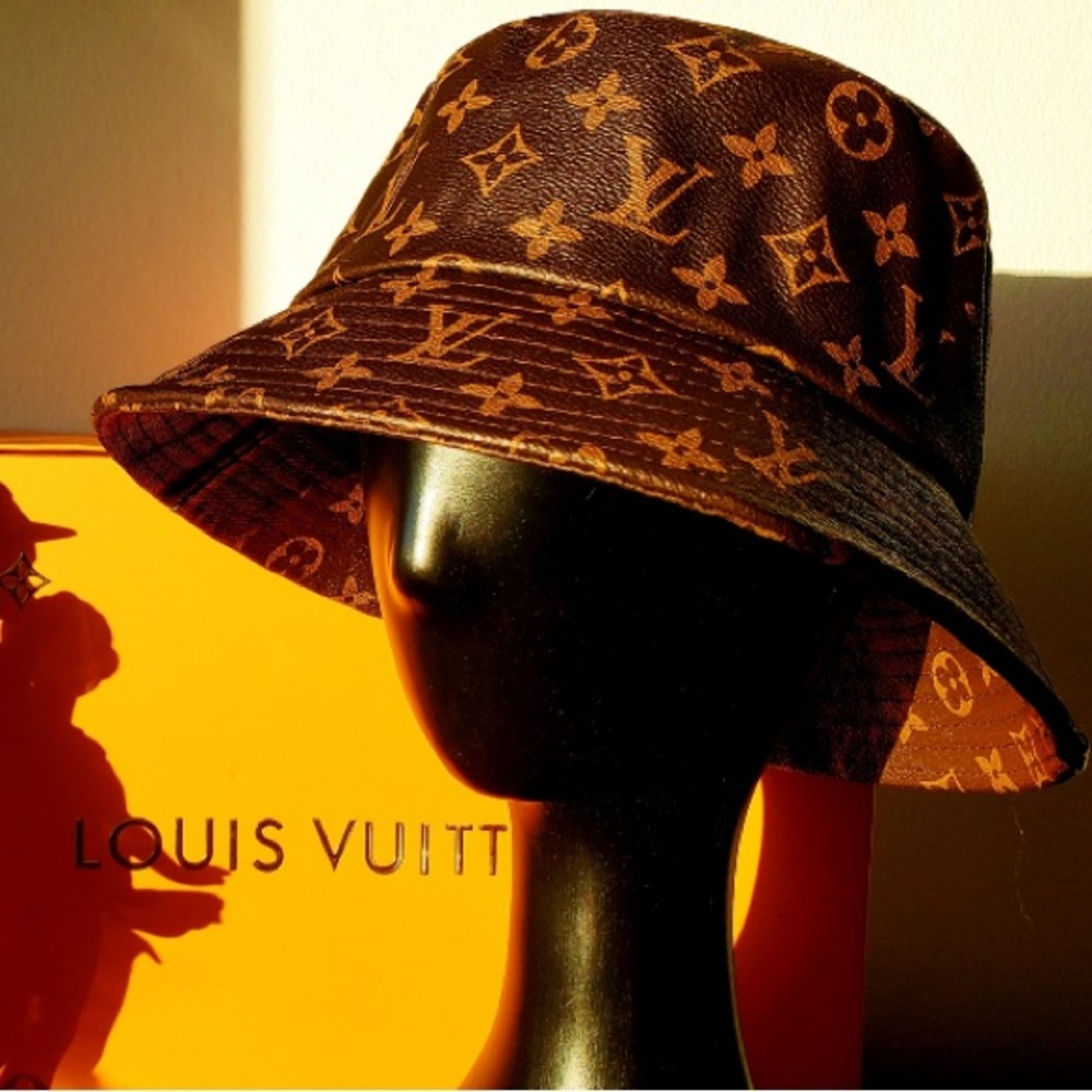 Louis Vuitton LV Brown Calf Skin Leather Monogram Jacquard Brown Bucket Hat - Picture 11 of 16